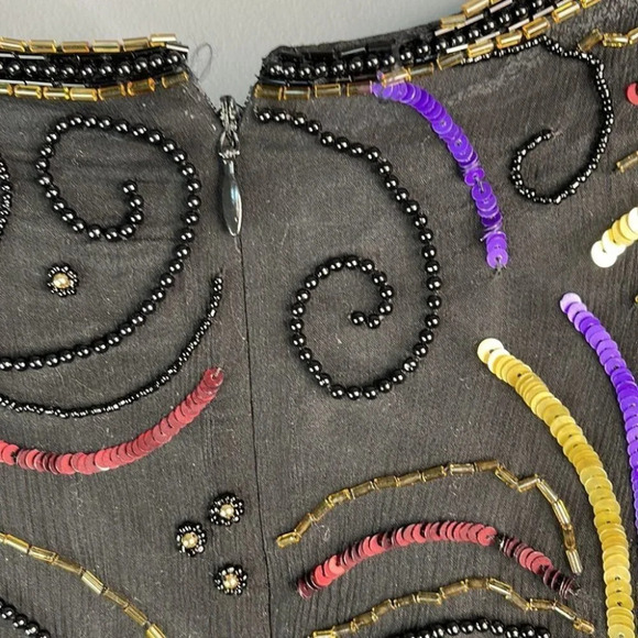 VINTAGE Glamour Silk Sequinned Beaded Dress Black Cocktail Shoulder Pads Size S - Picture 7 of 12